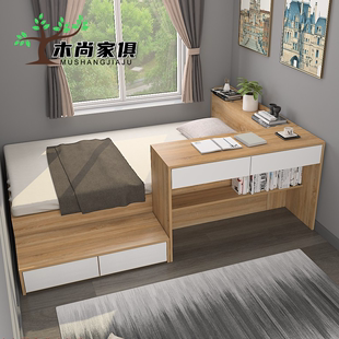 小户型榻榻米床定制实木，单人床书桌一体儿童床，柜组合多功能储物床