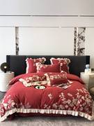 婚庆澳棉纯棉四件套玫瑰刺绣全棉被套床单结婚床品大红色床上用品