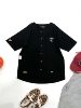 纽扣开衫式短袖T恤 黑色美式复古圆领纯棉棒球衫运动宽松上衣外套