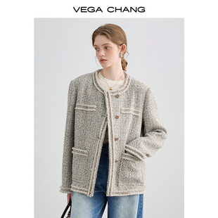 vegachang小香风短外套，女2024春秋法式复古羊毛呢子夹克上衣