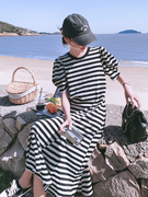 黑白条纹连衣裙女夏季韩版宽松大码学院慵懒风流行长，款t恤鱼尾裙