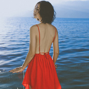 夏季马尔代夫沙滩裙海边度假韩版超仙性感露背吊带，雪纺连衣裙短裙