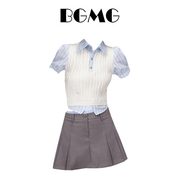 假两件拼接针织条纹短袖衬衫，女夏季学院，风百褶半身短裙两件套