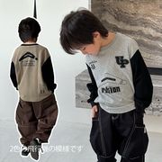 cookiekids春季款中小儿童，2024拼接黑色袖子圆领长袖t恤潮