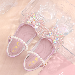 儿童蝴蝶结公主鞋甜美粉色小女孩，水钻单鞋闪亮银色，女童水晶高跟鞋