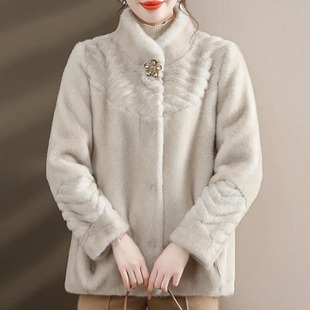 海宁皮草2023韩版金貂绒外套，女环保水貂皮毛，一体大衣短款立领