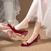 中式秀禾鞋刺绣主婚鞋红色粗跟敬酒新娘鞋孕妇可穿高跟鞋女不累脚