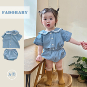 韩版ins童装婴幼儿衣服女海军领两件套夏季牛仔柔软短袖小童套装