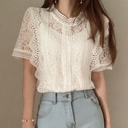 韩国chic复古镂空蕾丝短袖上衣女，夏百搭大码胖mm法式小众宽松衬衫