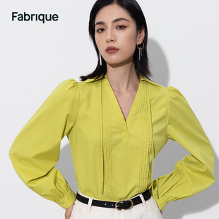 Fabrique 柠檬黄色V领修身长袖衬衫春夏女士休闲上衣