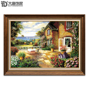 欧式风景油画客厅玄关纯手绘托马斯花，园景油画框幸福家园系列n38