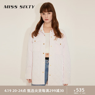 misssixty2023冬季棉服外套，女浅粉色菱格宽松中长夹棉衬衫式