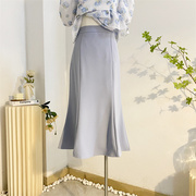 蓝色鱼尾裙半身裙女夏中长款高腰包臀裙纯色气质西装长裙显瘦裙子