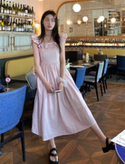 小飞袖格子连衣裙2023夏法式(夏法式)温，柔风少女感高腰小个子气质长裙