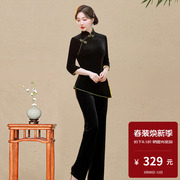 高档金丝绒旗袍上衣+裤子，两件套装纯色复古中国风传统日常生活装