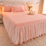 粉色牛奶绒床裙单件夹棉加厚加绒珊瑚绒蕾丝边公主风珊瑚绒床罩厚