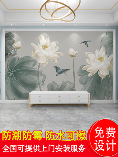 定制墙纸新中式电视背景墙壁纸荷花，壁布客厅沙发影视墙布装饰壁画