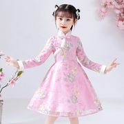 女童装秋冬季加绒加厚中国风旗袍公主裙儿童演出礼服红色连衣裙子