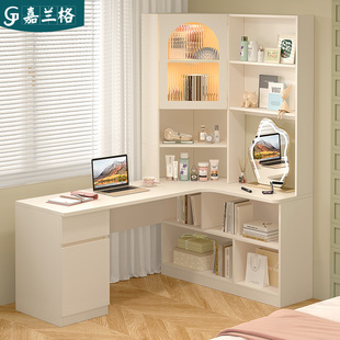 法式奶油风转角书桌书架，组合梳妆台一体，卧室拐角书柜电脑桌9fl43