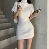 韩国东大门舒适潮2022春装女装 气质高领短袖休闲百搭连衣裙