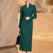 绿色连衣裙女2023秋季优雅端庄修身显瘦中长款v领长袖直筒裙