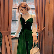 2022蕾丝打底衫收腰显瘦墨绿色丝绒吊带连衣裙冬天套装女冬装