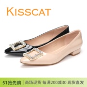 KISSCAT接吻猫2024春浅口低跟尖头水钻亮漆牛皮女鞋单鞋