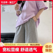 运动短裤女夏季薄款2023中裤黑色宽松直筒，休闲阔腿五分裤极简