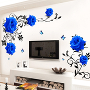 墙纸自粘卧室客厅，蓝玫瑰墙贴纸电视背景墙贴画，房间玄关装饰品贴花
