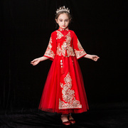 女童汉服中国风旗袍长儿童礼服，过年喜庆拜年服花童演出服红色春夏