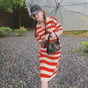 夏季红色宽松短袖连衣裙，2023夏季高级感气质，polo领条纹t恤裙