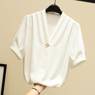 白色衬衫女短袖雪纺衫2023夏装韩版v领套头上衣洋气小衫衬衣
