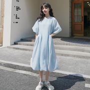 裙子女夏2021韩版宽松中长款小清新仙气小个子蓝色法式连衣裙