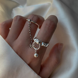 时尚s925银2件套戒指复古时尚，韩版链条流苏双指开口指环个性饰品