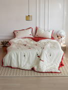送抱枕 可爱风刺绣花朵60支天丝床上四件套 双面冰丝床单夏季床品