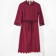 兰卡芙春柜价1888重工定位刺绣绛红色中袖连衣裙洋装小个子穿搭