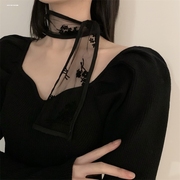 黑色蕾丝钩花小丝巾女长条丝带，绑发发带韩版夏季护颈椎遮疤痕