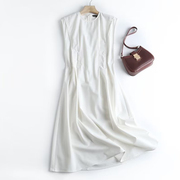 西班牙~女装23春夏，褶线收腰法式亚麻，混纺气质白色无袖连衣裙