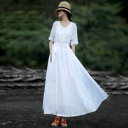 赫轩原著夏装民族风文艺范，连衣裙女装优雅气质a型裙白色长裙