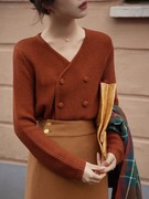 法式复古双排扣v针织，开衫短款设计感毛衣外套红色上衣