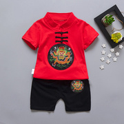 婴幼儿童夏装男童装0一1-3周岁宝宝红色喜庆礼服套装生日抓周衣服
