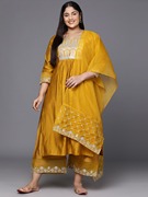 印度进口服饰大码女装丝绵，3件套刺绣民族，风中长款胖mm套装黄色