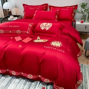 高档中式全棉结婚四件套大红色床单被套纯棉婚庆床上用品婚房喜被