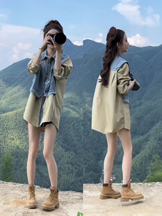 韩版时尚复古气质牛仔马甲拼接假两件衬衫女秋季中长款衬衣外套潮