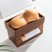 胡桃木纸巾盒实木卫生纸盒r收纳猫咪创意卡通客厅木质抽取式卫生