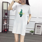 印花休闲韩版半袖连衣裙，女装2020夏季中长款修身短袖口袋白色t恤