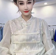 新中式国风外套女2024年春秋，高级感别致漂亮欧根纱长袖衬衫