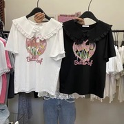 韩国东大门夏季甜美蕾丝边翻领时尚爱心花朵图案印花短袖T恤