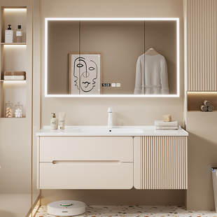 奶油风浴室柜组合法式一体陶瓷盆洗手台卫生间实木镜柜洗脸盆浴柜