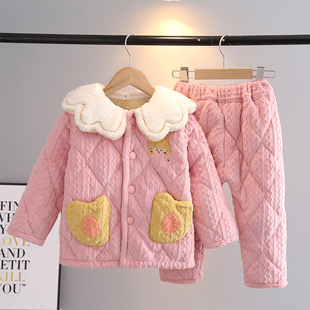 冬季儿童睡衣牛奶绒三层加厚夹棉套装女童中小宝宝时尚保暖家居服